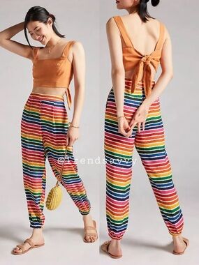 Farm Rio Rainbow Stripe Jogger Pants Resort Vacation Multicolor Small Boho Chic